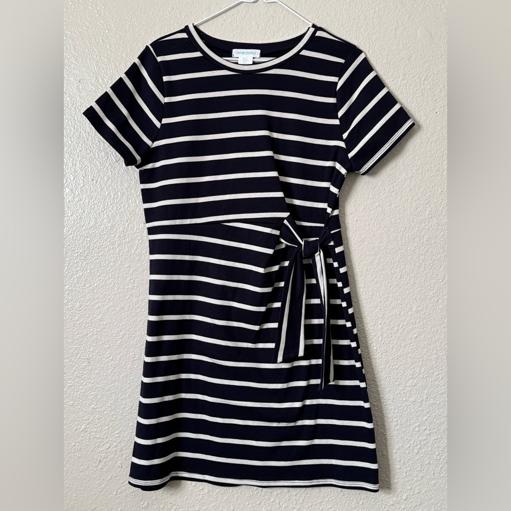 Cynthia Rowley W Sz M Navy Blue Stripe Side Bow SS Dress Nautical Beach Resort